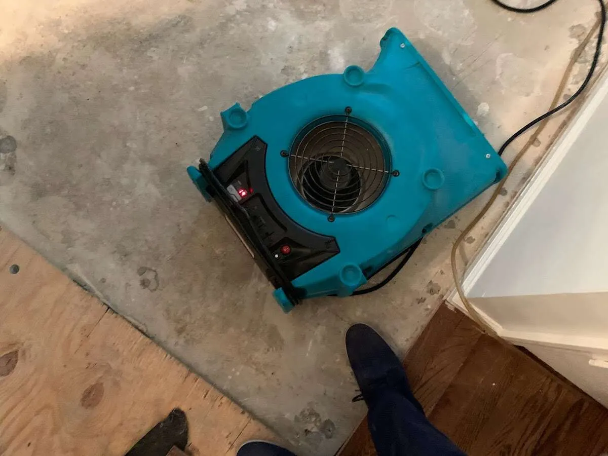 Air mover drying subfloor during Commercial Water Damage Restoration in Cherry Hills Village